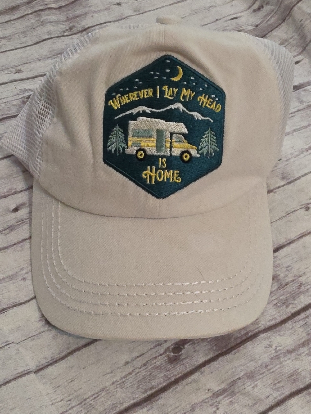 C.C White Trucker Hat with Teal Camper Patch and Yellow Embroidery